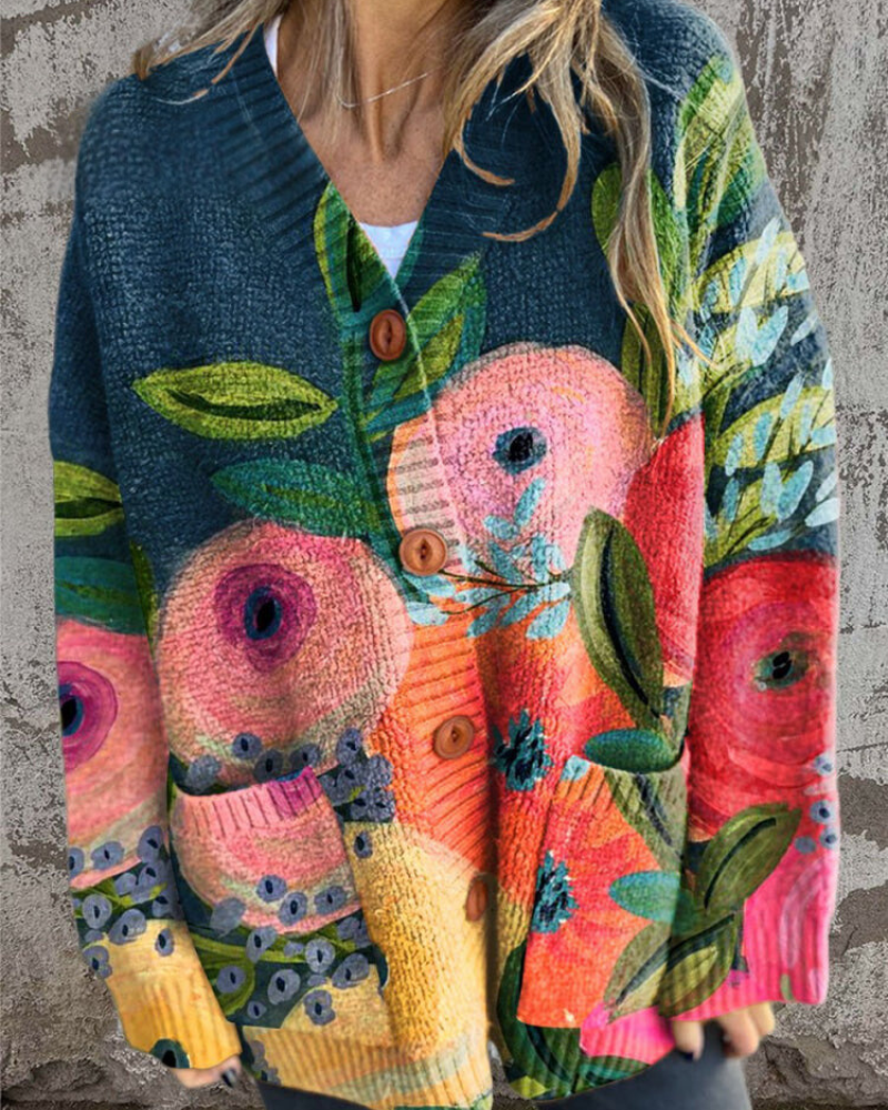 MIA™ | Retro Flower Art Print Buttoned Cardigan Sweater